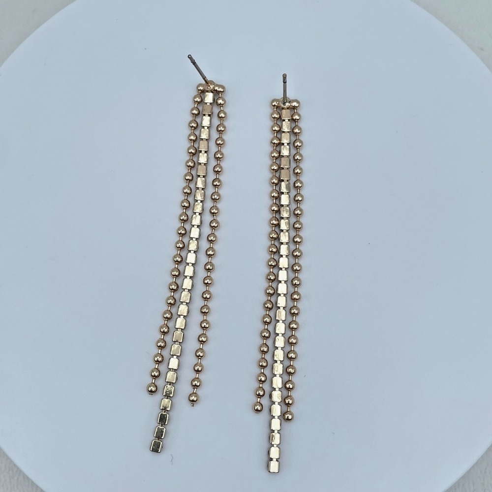 Vintage Y2K Gold Tone Triple Layer Dangle Earrings Black Rhinestone Ball Chain